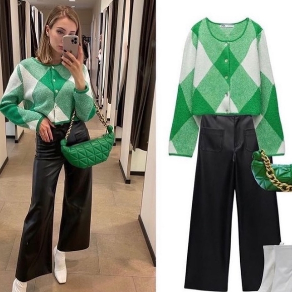 🔥 Zara Argyle Jacquard Knit Cardigan Bloggers Favorite Size M - Picture 6 of 14